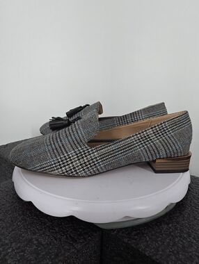 Modenpeak Plaid Tassel Loafers Size 10 Women Grey Blue Check Metallic Heel Flats
